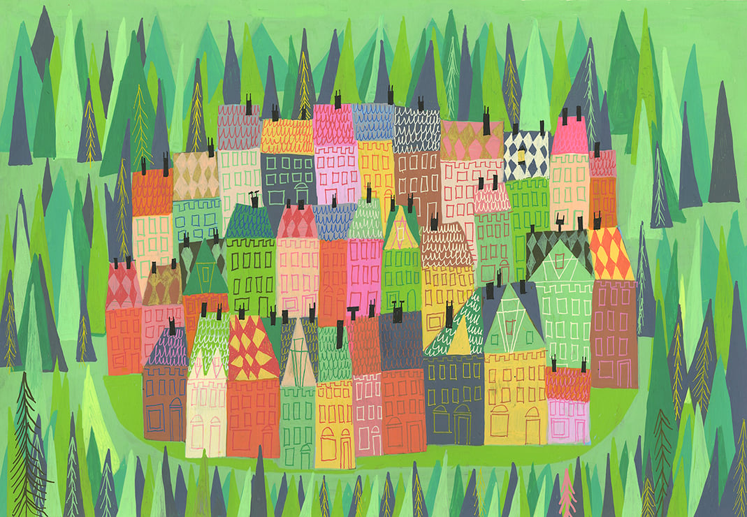 A small popular town in the Pacific northwest. Limited edition print by Matte Stephens.